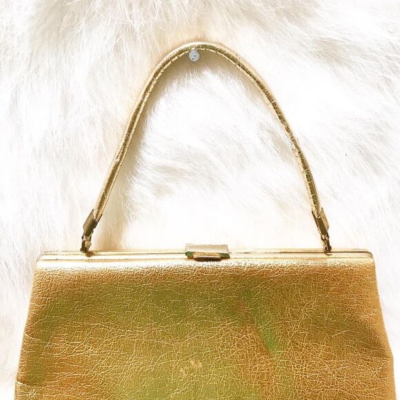 GOLD METALLIC 1950’s Lame Cocktail Handbag Purse - Picture 7 of 8